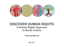 [ai] Cover of a training manual titled 'Discover Human Rights: A Human Rights Approach to Social Justice.' Features four circular icons representing community, connection, and growth, along with the publication date of May 2017.